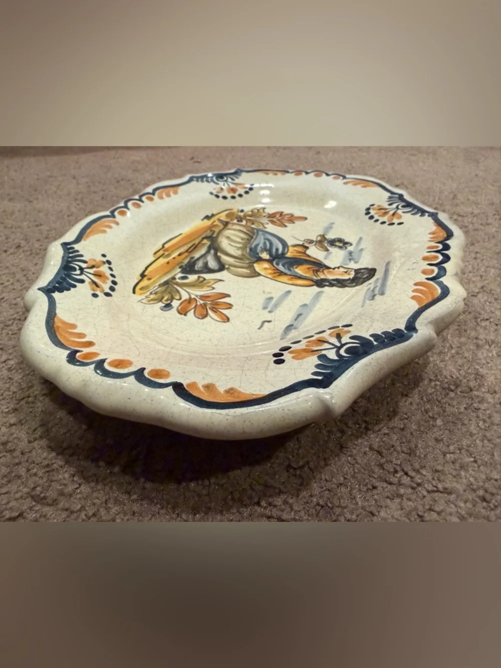 Antique Italian Majolica Faience Serving Plate Hand Painted Girl Woman w Flowers